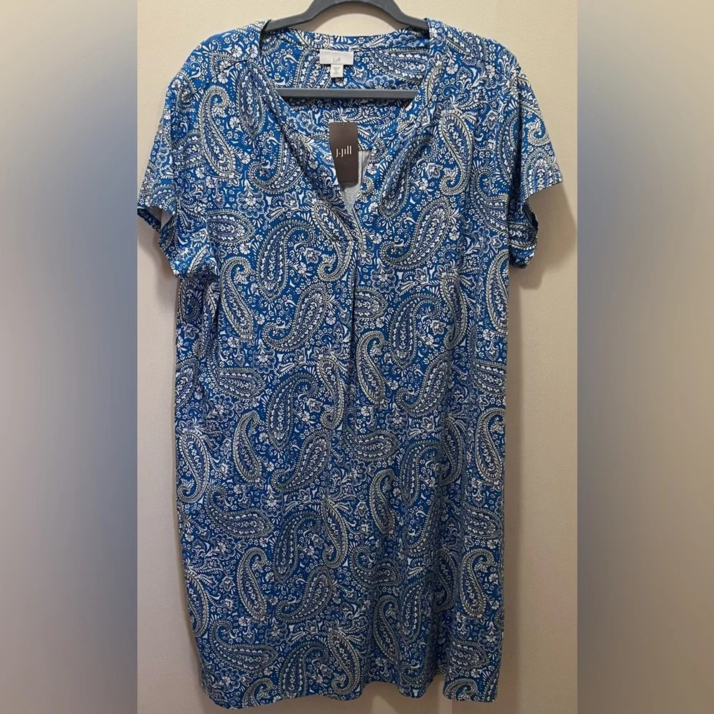 J. Jill Paisley-Printed A-Line Dress blue white short sleeve XLP NWT - Picture 6 of 11